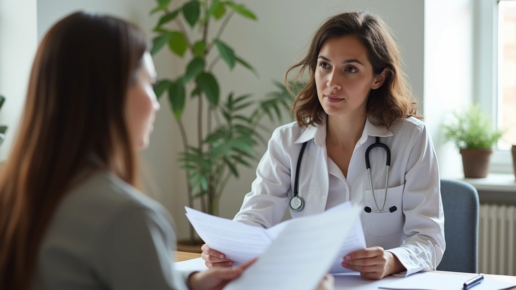 Diverse mental health professional reviewing assessment results and treatment recommendations with patient, sitting at desk w