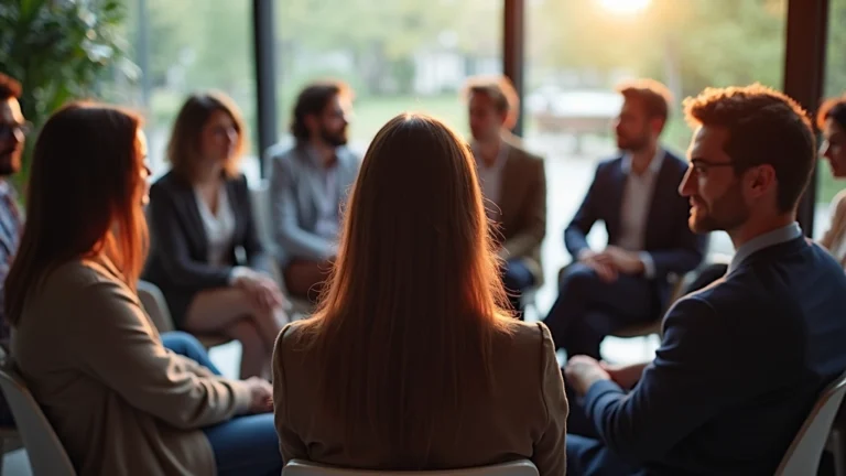 Professional diverse group of people in a mental health support group circle, sitting indoors in a modern clinical setting with warm lighting, genuine conversation and support visible
