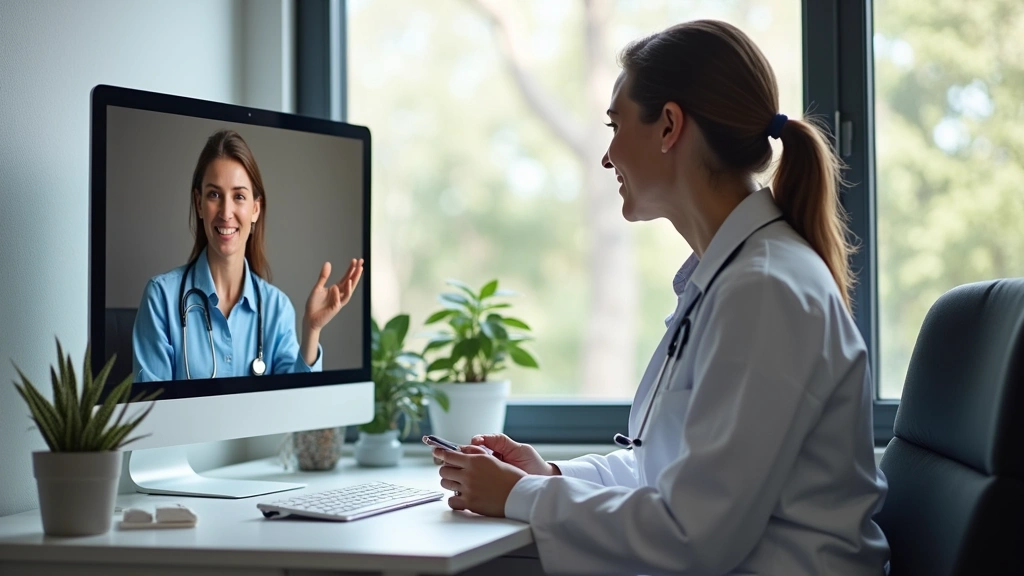 Healthcare provider conducting telehealth mental health consultation with patient on computer screen, modern office environme