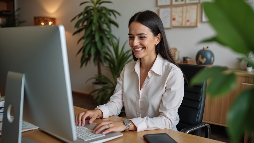 Professional female therapist conducting a virtual counseling session via video conference, warm office environment with plan