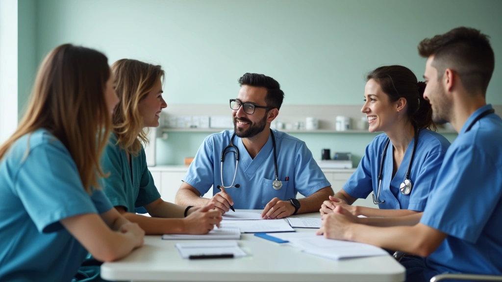 Diverse mental health professionals in a hospital psychiatric unit collaborating during team meeting, reviewing patient chart