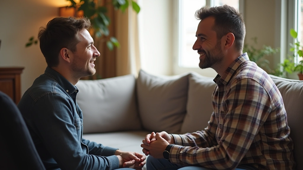 Male peer support specialist having one-on-one conversation with client in comfortable community mental health center setting
