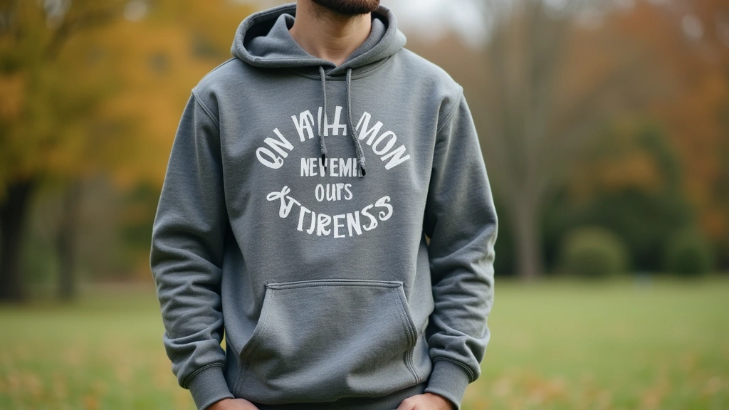 Person wearing mental health awareness hoodie standing outdoors, professional photography, natural lighting, showing hoodie d