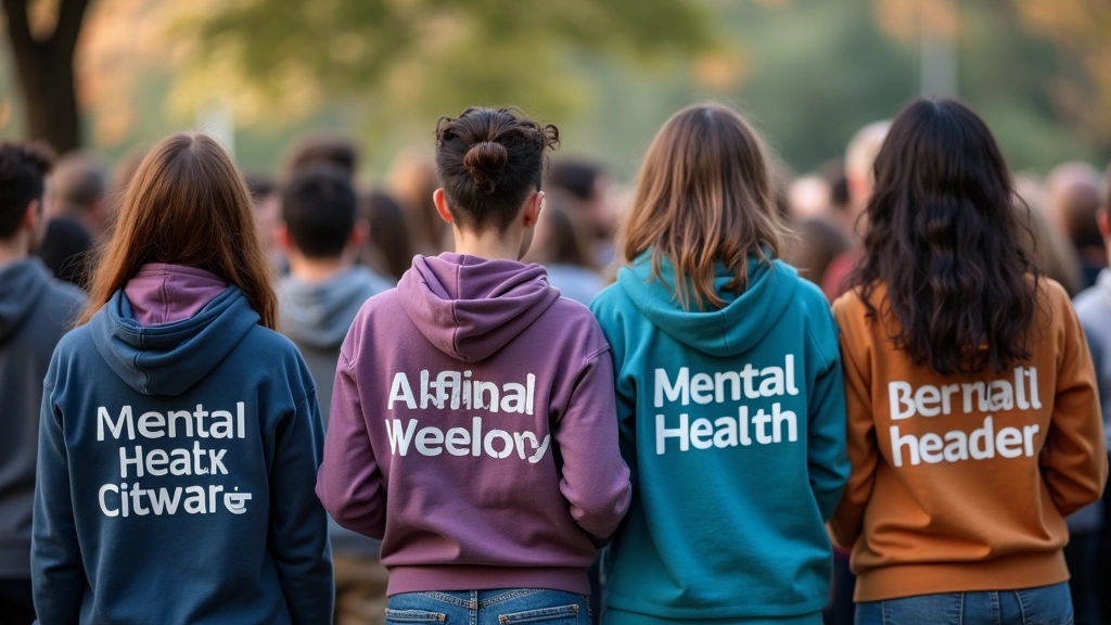 Group of people in mental health advocacy hoodies at community mental wellness event, professional event photography, support