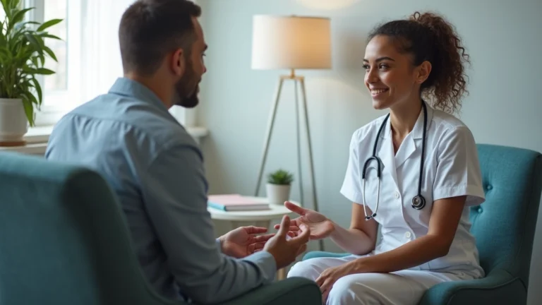 Professional mental health nurse conducting one-on-one counseling session with patient in calm, therapeutic clinical office setting with soft lighting and comfortable seating