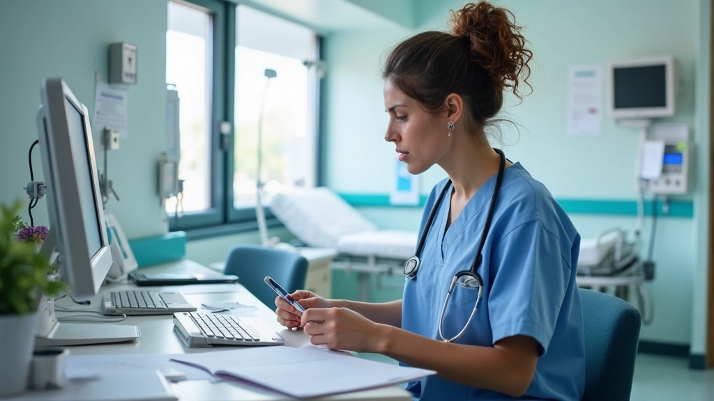 Mental health nurse reviewing psychiatric medications and patient records at nursing station in modern psychiatric hospital u