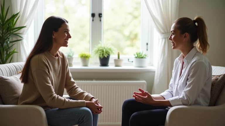 Professional therapist conducting individual counseling session in peaceful, natural light therapy room with comfortable seating and calming decor