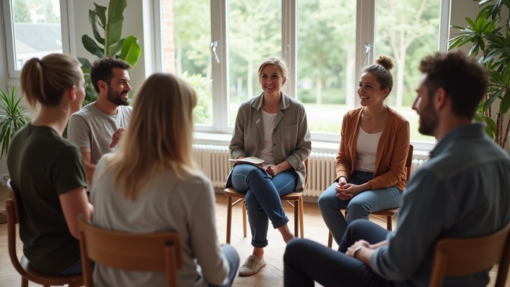 Group of diverse adults sitting in circle during supportive group therapy session in bright, modern wellness facility with la