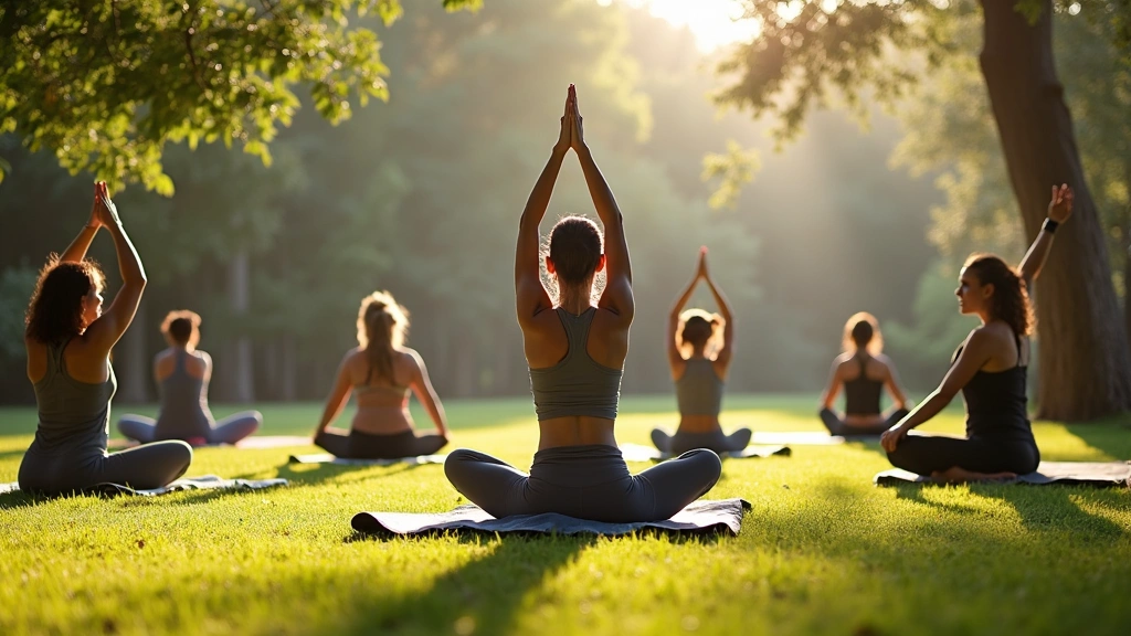 Morning yoga class with participants in peaceful outdoor garden setting at wellness retreat center, surrounded by natural lan