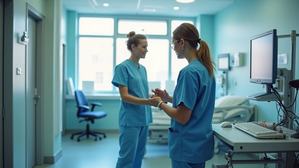 Professional mental health technician in scrubs assisting patient in modern psychiatric hospital facility with calm therapeutic environment and medical monitoring equipment