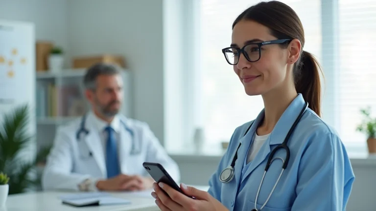 Professional woman using smartphone for video consultation with doctor, bright medical office background, modern healthcare setting, calm expression