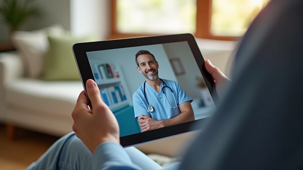 Close-up of tablet screen showing secure telehealth video call interface with healthcare provider, patient at home in comfort