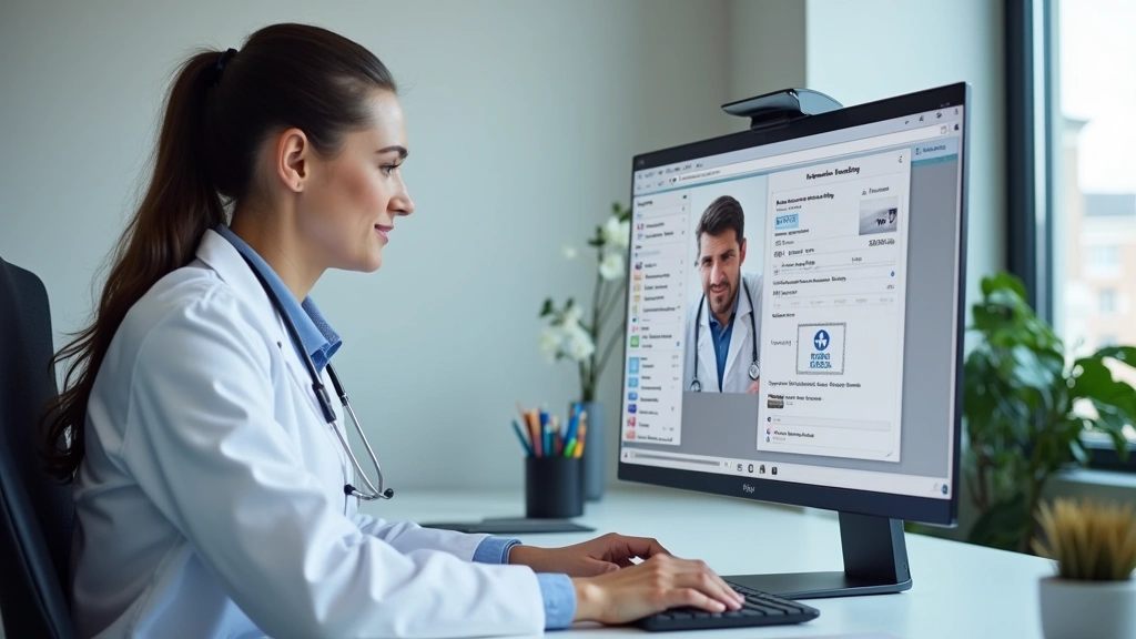 Licensed healthcare provider in white coat reviewing patient information on computer during virtual consultation, professiona