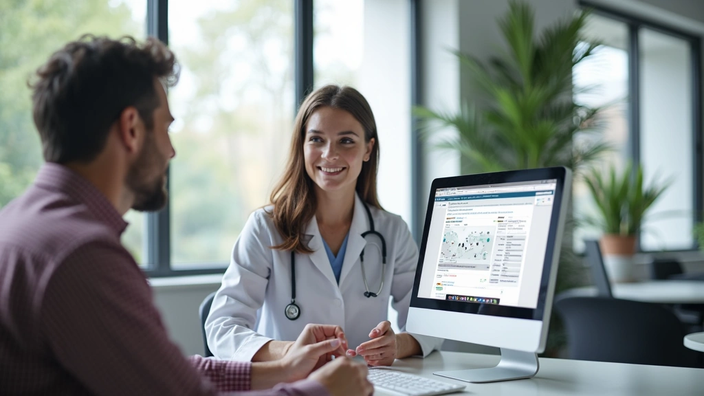 Professional healthcare provider explaining insurance options to patient in modern clinic office setting with computer