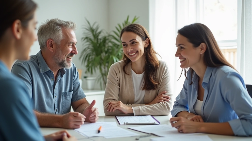 Diverse family meeting with insurance agent reviewing health plan documents in bright, welcoming medical office
