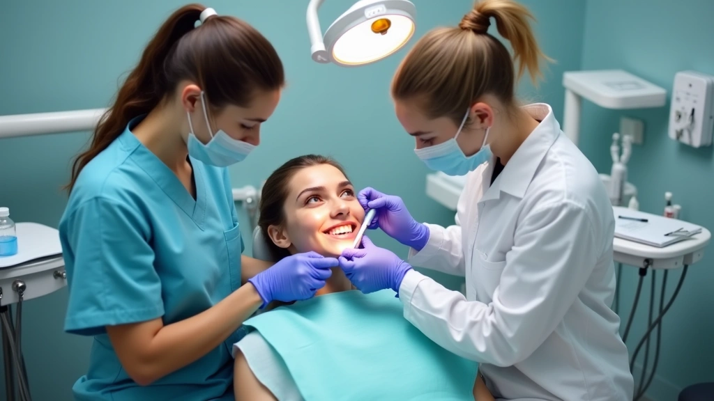 Patient receiving dental examination in modern dental clinic with professional dentist and hygienist