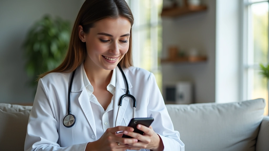 Professional woman using smartphone for virtual medical consultation with healthcare provider, modern home setting, natural lighting, focused and calm expression
