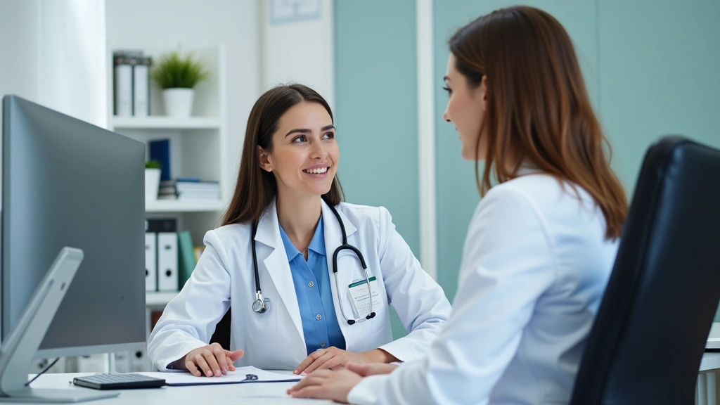 Licensed healthcare provider in medical office conducting video consultation on computer, wearing white coat, stethoscope vis