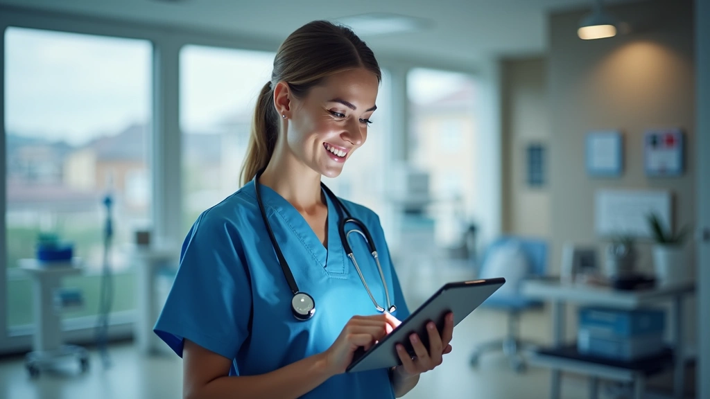 Professional woman using tablet computer in modern medical clinic office, smiling at screen, healthcare digital interface vis