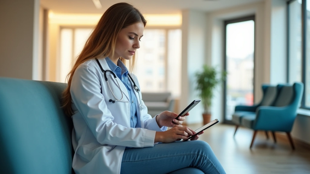 Female patient using tablet to access medical records in bright clinic waiting room, professional healthcare setting, warm lighting