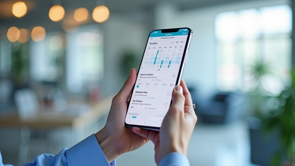 Hands holding smartphone showing healthcare app interface with test results and appointment calendar, modern medical office b