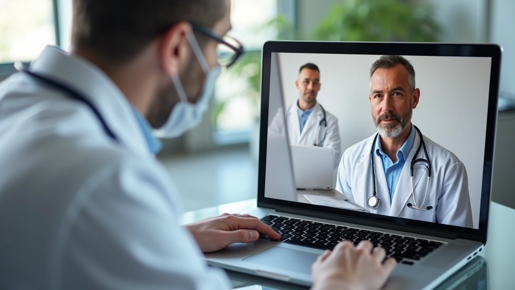 Doctor and patient having virtual consultation on laptop screen, telehealth video call in clinical setting, professional envi
