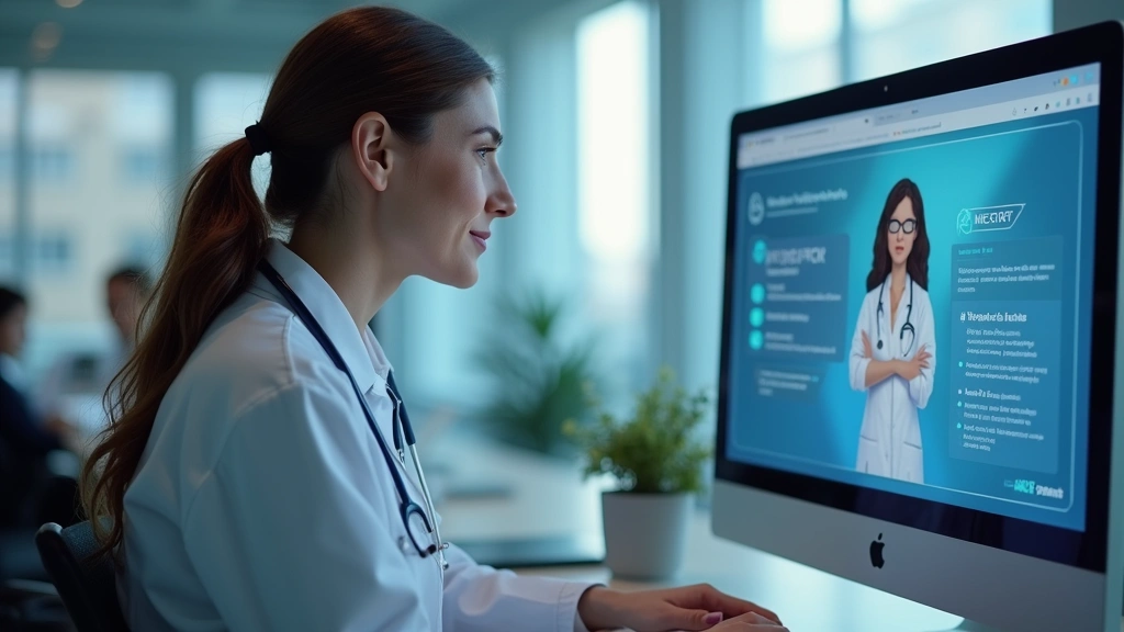 Healthcare professional using computer in modern medical clinic, patient portal interface visible on screen, professional office environment with soft lighting