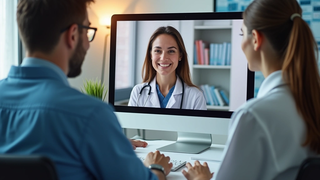 Doctor and patient having telehealth consultation, computer screen showing video call interface, professional medical office 