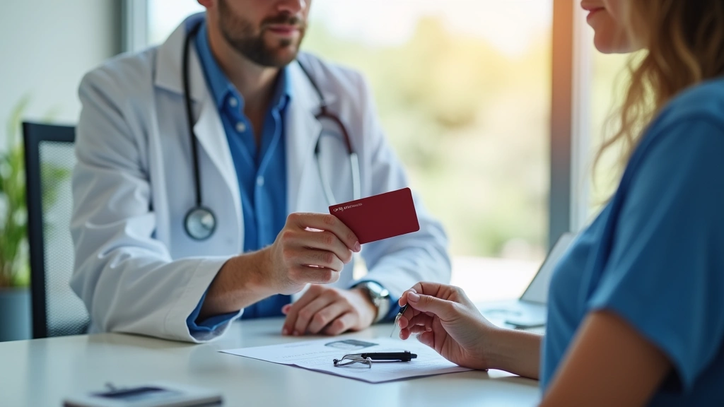 Professional medical staff reviewing patient health insurance card at clinic desk, Nevada healthcare setting, natural lightin