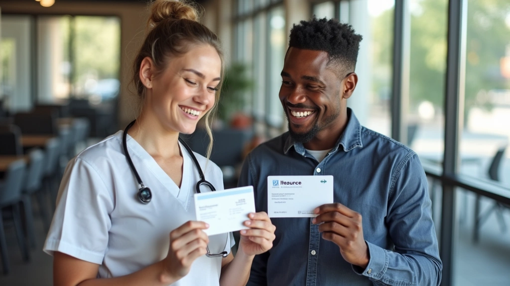 Diverse patients holding their health insurance cards in modern medical clinic waiting room, natural daylight, smiling and co