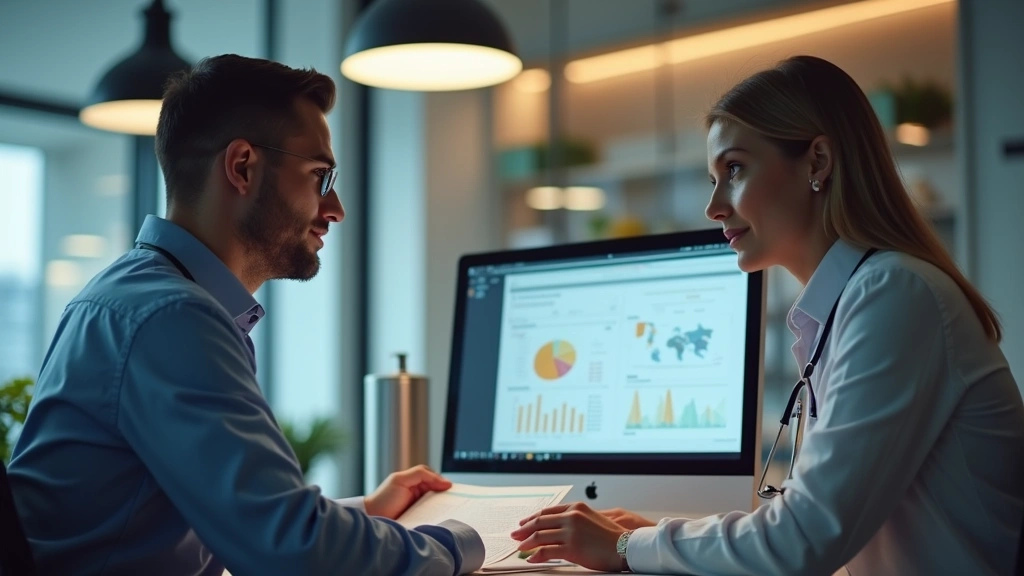 Professional healthcare worker at computer reviewing health insurance plans with patient in modern medical office, warm lighting, focused expressions