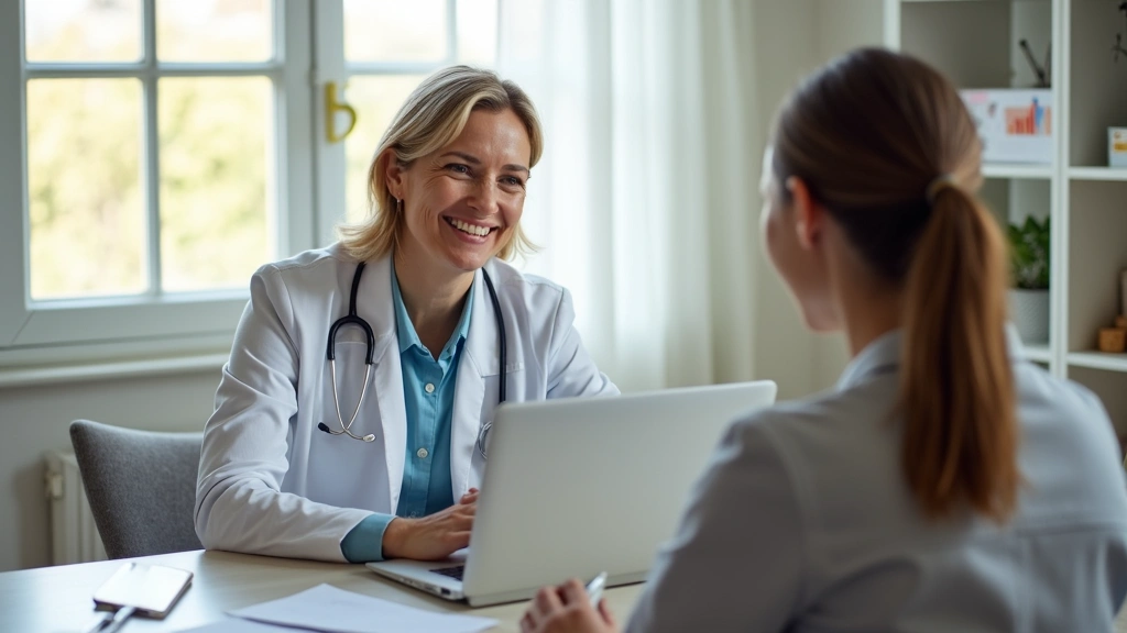 Professional therapist conducting video telehealth session with patient on laptop, bright modern office, compassionate expression, secure healthcare setting