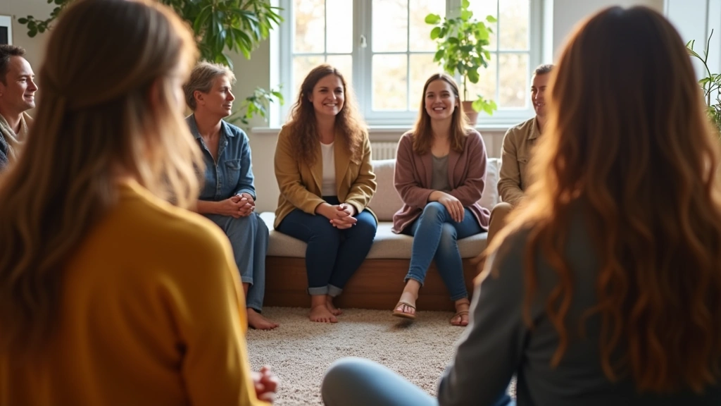Diverse group of people in mental health support group circle, therapeutic environment, natural lighting, hopeful and support