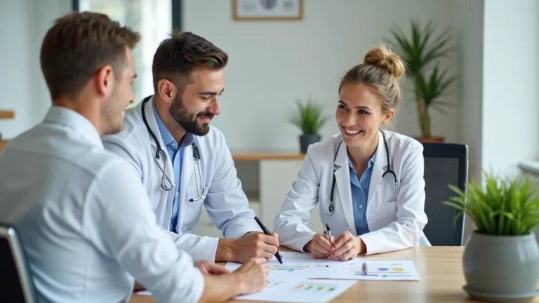Professional female nutritionist in white coat consulting with male patient at desk in modern clinic office, reviewing meal plans and health charts together