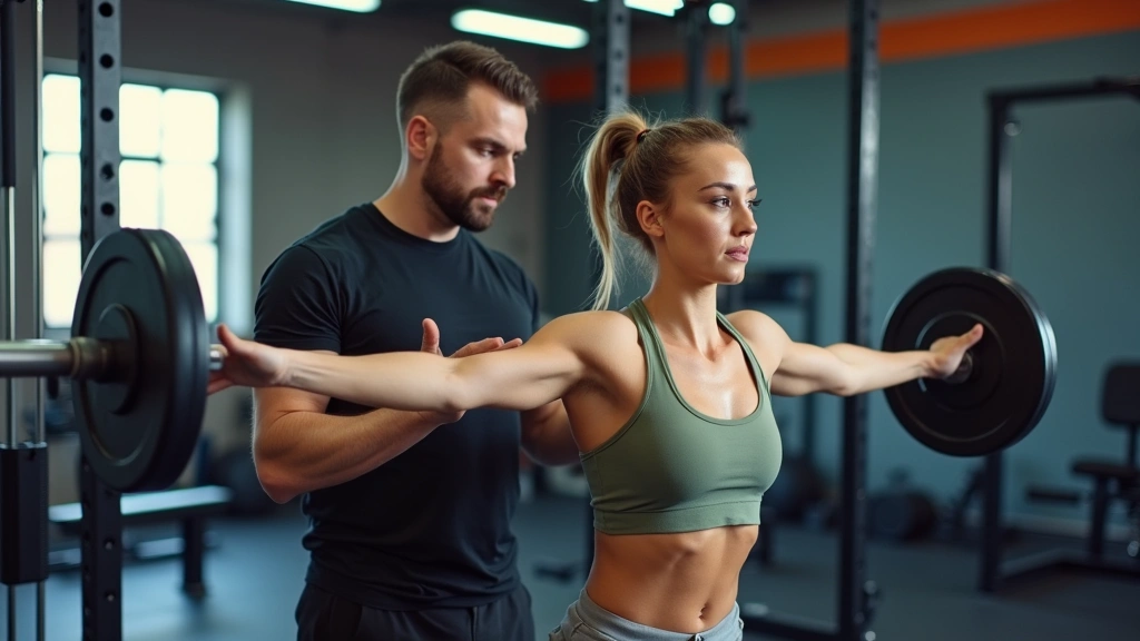 Male personal trainer spotting female client during barbell squat in well-equipped gym, professional form correction during w