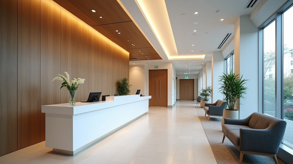 Professional medical center interior with modern reception desk, warm lighting, comfortable seating, and welcoming healthcare environment