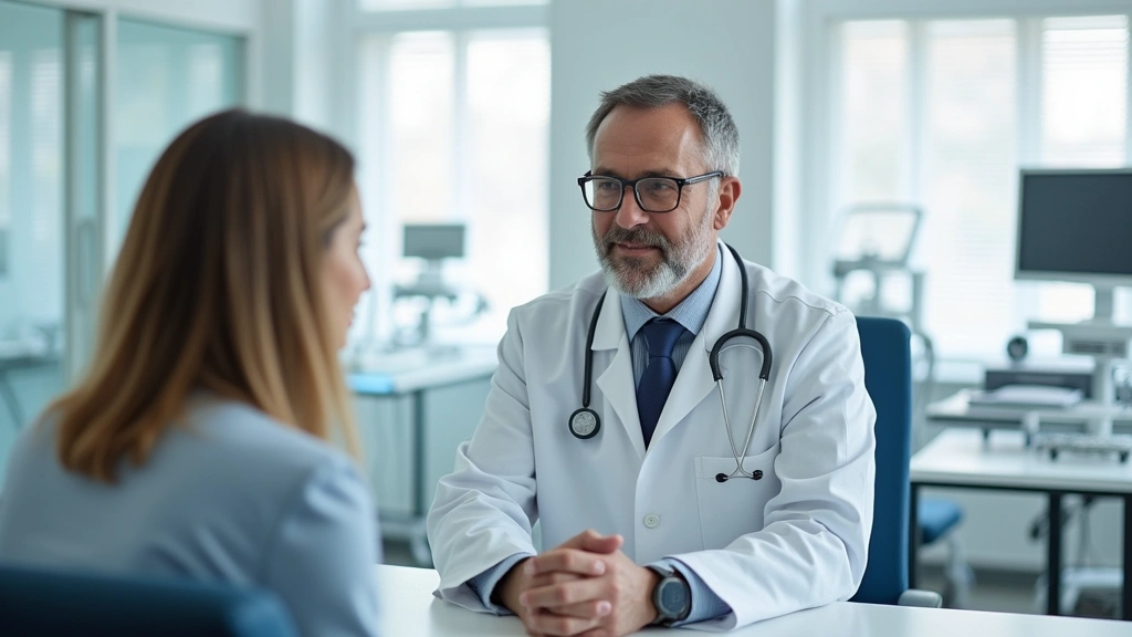 Doctor in white coat consulting with patient in bright, clean medical office with medical equipment and professional atmosphe