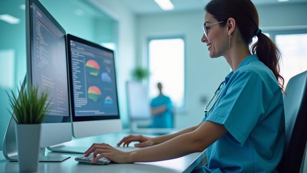 Nurse or healthcare provider working at computer station in modern hospital setting with medical technology and patient care 