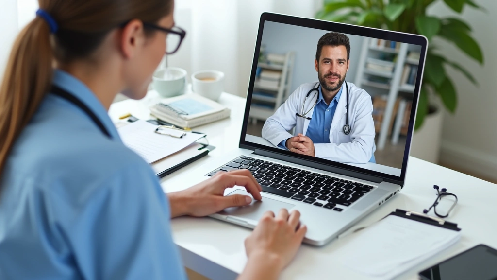 Healthcare provider conducting virtual video consultation with patient on laptop, medical office setting, professional appearance, clipboard visible