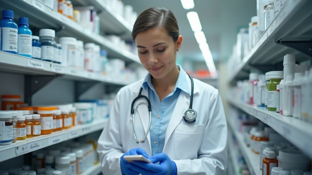 Pharmacist preparing prescription medications in modern pharmacy, organized shelves with medication bottles, professional hea