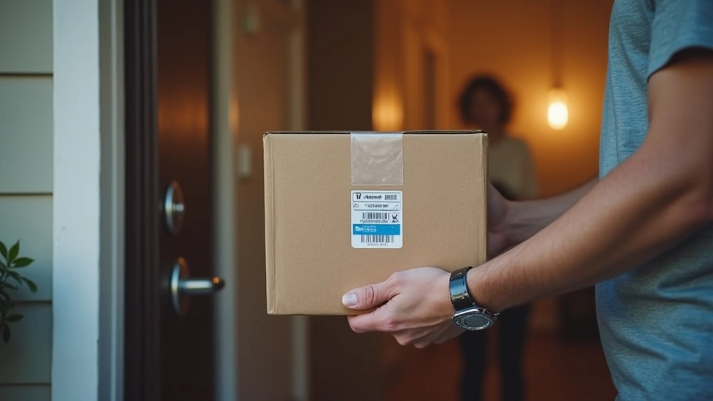 Person receiving package delivery at home door, medication box being handed over, residential setting, daytime lighting