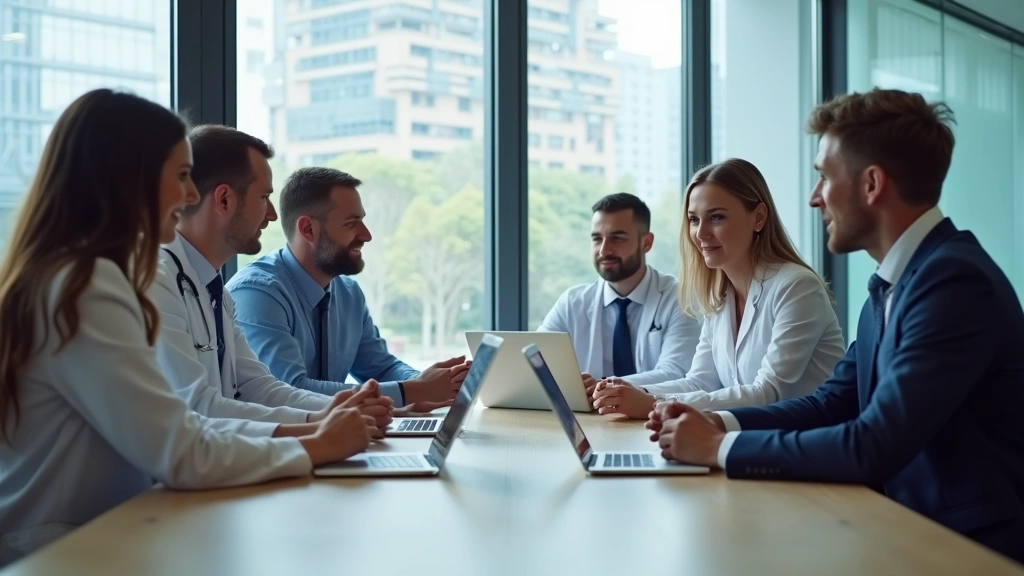 Leadership team meeting in healthcare organization office, diverse professionals discussing strategy, modern corporate health