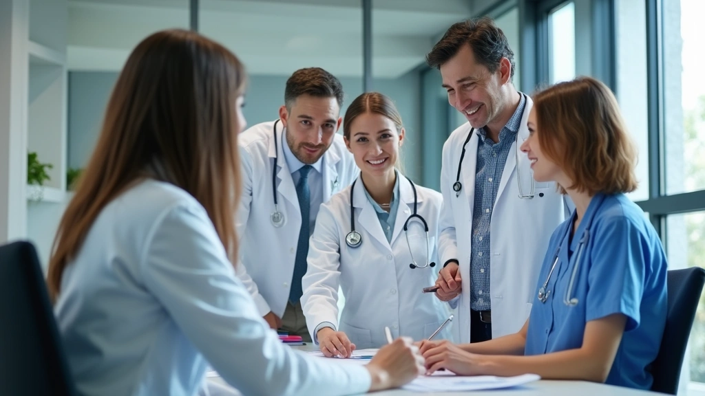 Professional healthcare professionals in modern clinic setting collaborating at workstation, diverse team reviewing patient data, natural lighting, contemporary medical office environment