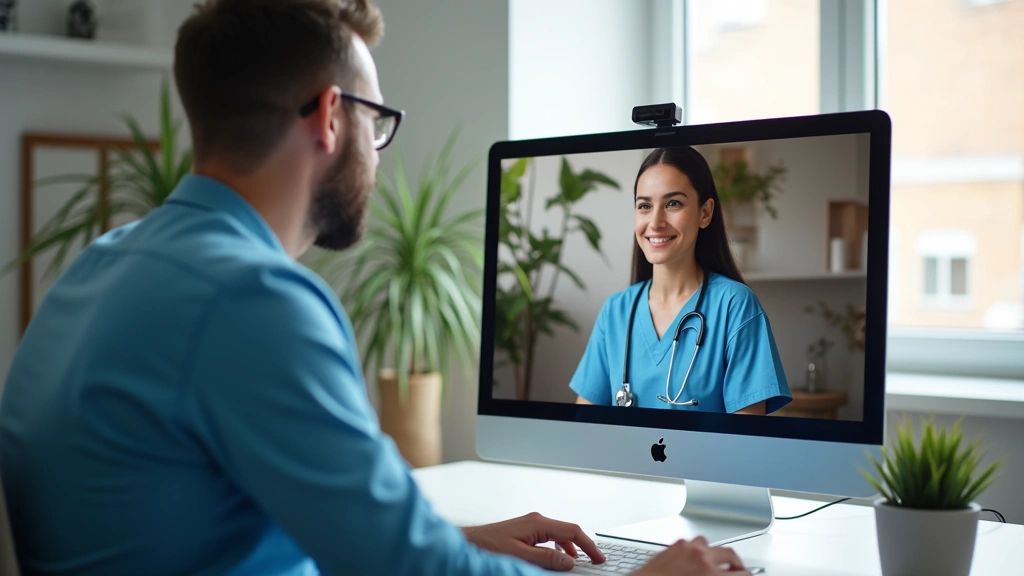 Remote healthcare worker in home office conducting virtual patient consultation via computer, professional background, modern