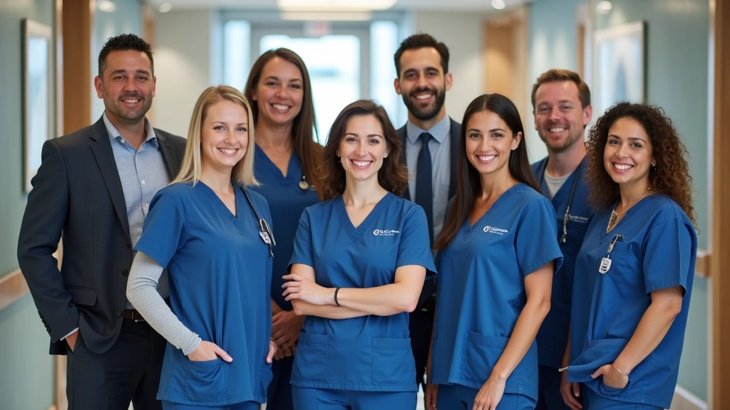Diverse group of Optum Health employees in clinical uniforms and business attire standing together in healthcare facility lob