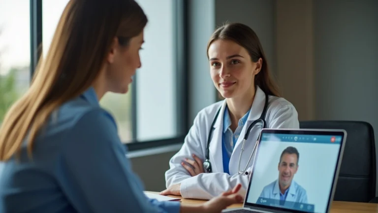 Healthcare professional consulting with patient via video call on laptop, modern medical office background, professional attire, warm lighting
