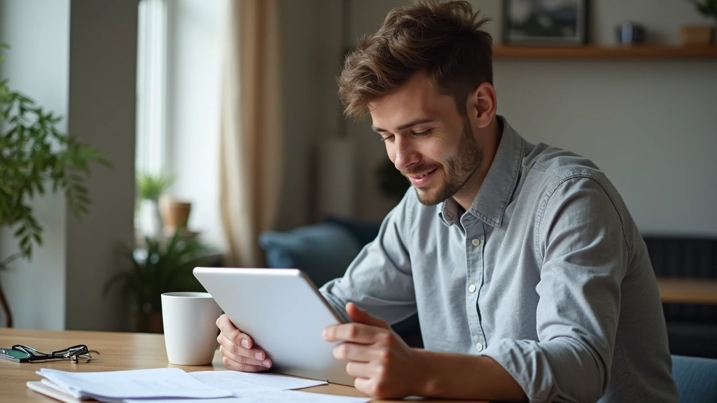 Young adult reviewing health insurance plan documents on tablet with coffee cup nearby, contemporary workspace, focused expre