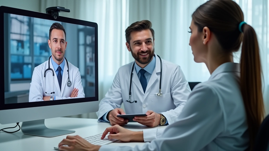 Professional woman in medical office having virtual video consultation on computer with male doctor, modern clinical setting with healthcare technology visible