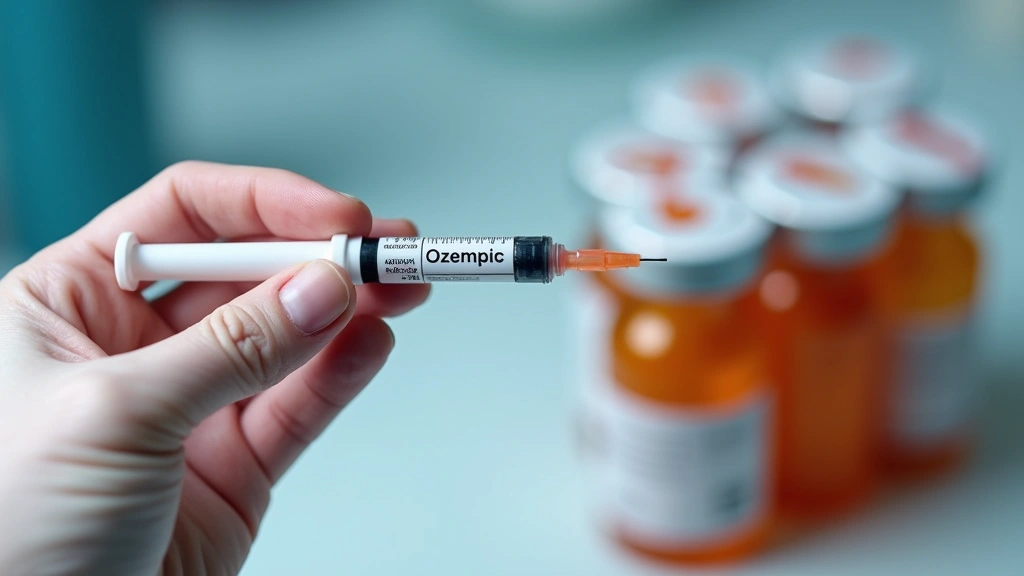 Close-up of hands holding Ozempic injection pen with pharmacy prescription label, clinical background with blurred medication