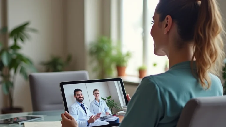 Professional woman in home office consulting with doctor on tablet screen via video call, natural lighting, comfortable home setting, modern telehealth interface visible